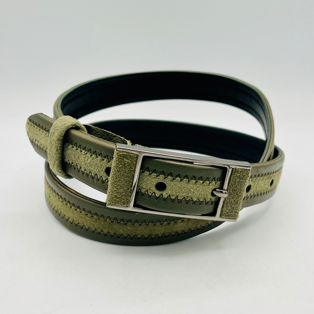 Worth Belt Women L Olive Green Suede Leather Zigzag Stitch Buckle Vintage